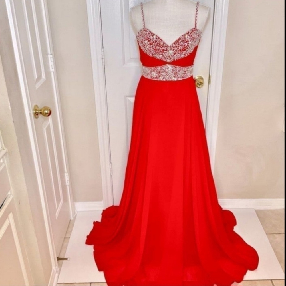 Elegant Custom Red Swarovski Crystal Beaded Evening Gown-Perfect for BYE